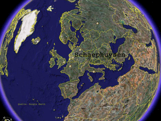 Ausschnitt der Weltkarte nach Google mit Schaephuysen im Zentrum